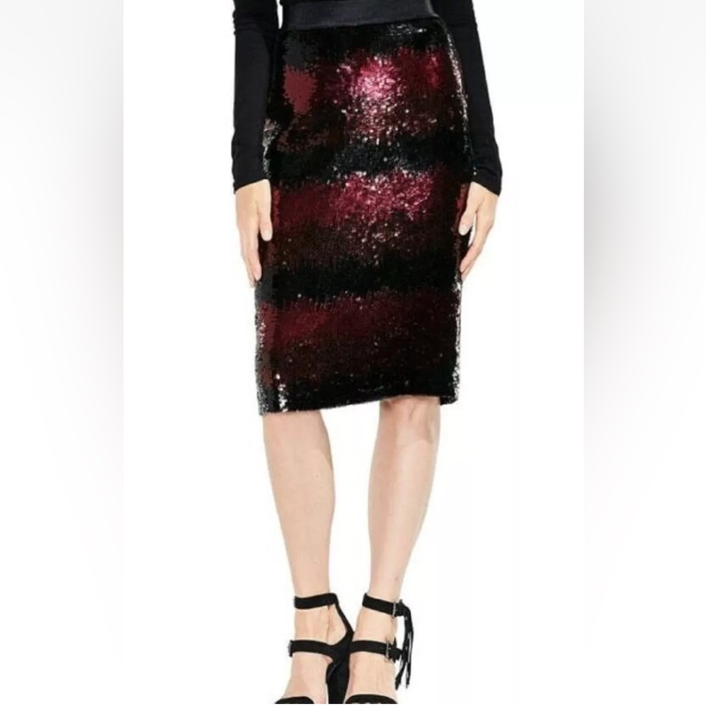 NWOT Vince Camuto Pencil Skirt Ombre Stripe Sequin  Burgundy Black Lined